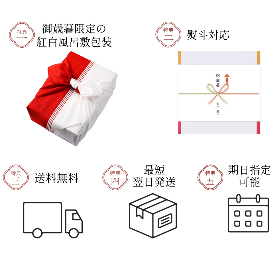 御歳暮限定の紅白風呂敷包装、熨斗対応、送料無料、最短翌日発送、到着日指定可能の5大特典あり